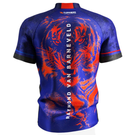 Back view of Raymond Van Barneveld 2025 darts shirt with vivid orange tiger graphic and player name, isolated on white background