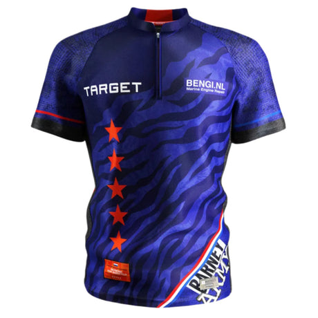 Front view darts shirt with blue tiger stripe design, red stars, sponsor logos, short sleeves, isolated on white background