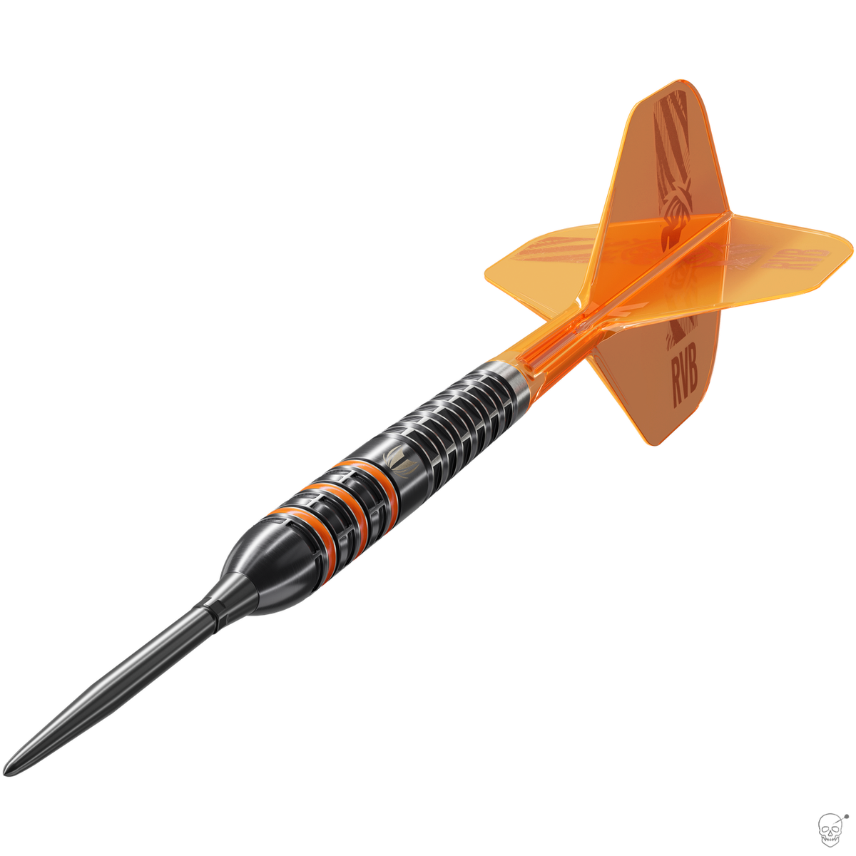 Target Raymond van Barneveld 95K dart – angled view of the black and orange rear-tapered barrel with flight and shaft fitted