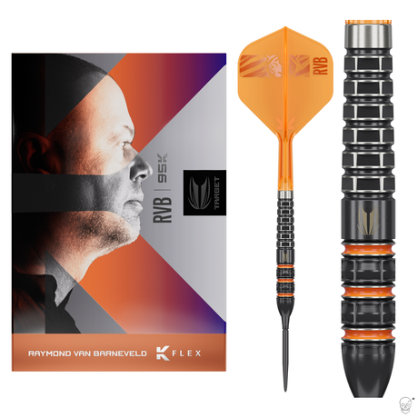Target Raymond van Barneveld 95K 95% tungsten Swiss Point darts – presentation box with the full dart and a barrel close-up