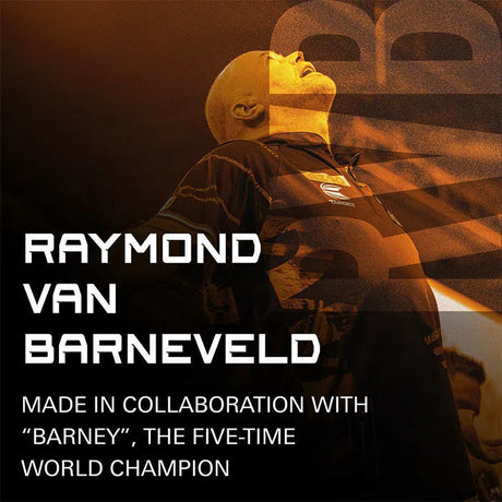 Lifestyle image of Raymond van Barneveld celebrating, promotional text highlights five-time world darts champion collaboration
