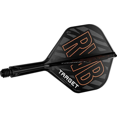 Angled close-up of dart flight and shaft, RVB initials in orange, black zebra pattern, integrated K-Flex stem for darts