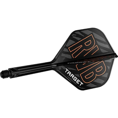 Angled close-up of RVB branded dart flight with zebra striping and integrated black shaft, isolated on white, for dart setup details