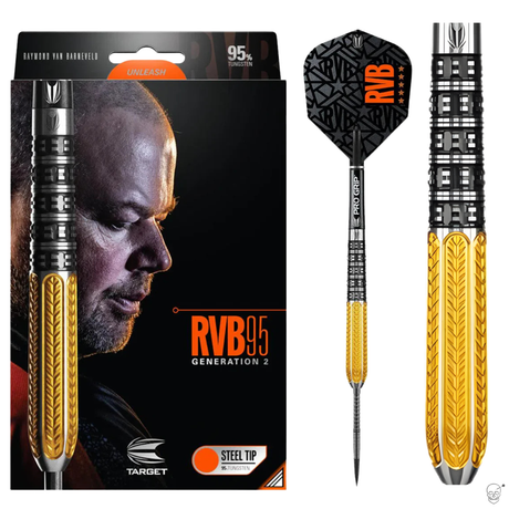 RVB95 Generation 2 tungsten steel tip dart with gold and black grip next to retail packaging, full front view