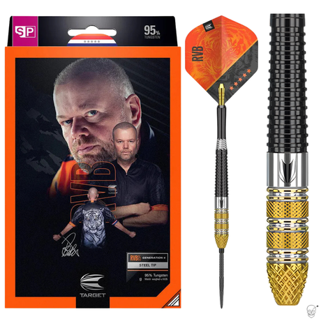 Raymond Van Barneveld RVB95 Gen 4 tungsten dart with orange packaging, black and gold grip, steel tip, and detailed barrel texture