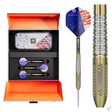 Luxury tungsten darts set in open box display, three assembled darts, storage case, and close-up of precision barrel grip texture with blue flights