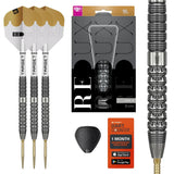 Redux 01 90% tungsten darts set with three assembled darts, retail packaging, close-up barrel grip texture, flight protectors, and app membership card.
