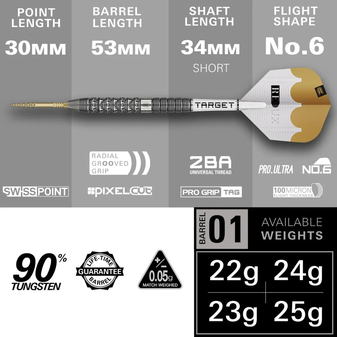 Full dart product view on grey background showing radial grooved grip, 90% tungsten, point, barrel, and shaft lengths with available weights.