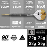 Full dart product view on grey background showing radial grooved grip, 90% tungsten, point, barrel, and shaft lengths with available weights.