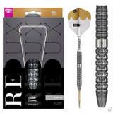 Steel tip 90% tungsten darts set shown in retail packaging, with single dart and macro barrel close-up emphasizing textured grip rings.