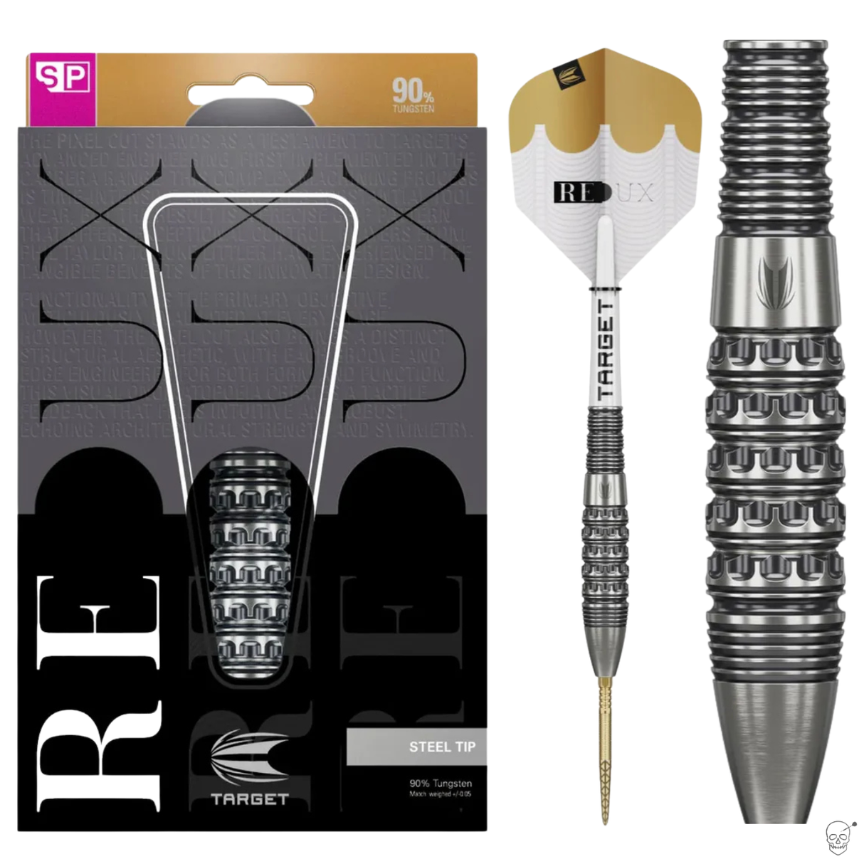 Steel tip 90% tungsten dart shown in retail packaging and isolated, featuring textured pixel grip barrel and Redux flights