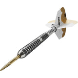 Angled view of tungsten dart showing precision grip rings, gold laser-etched tip, and white flight on plain white background