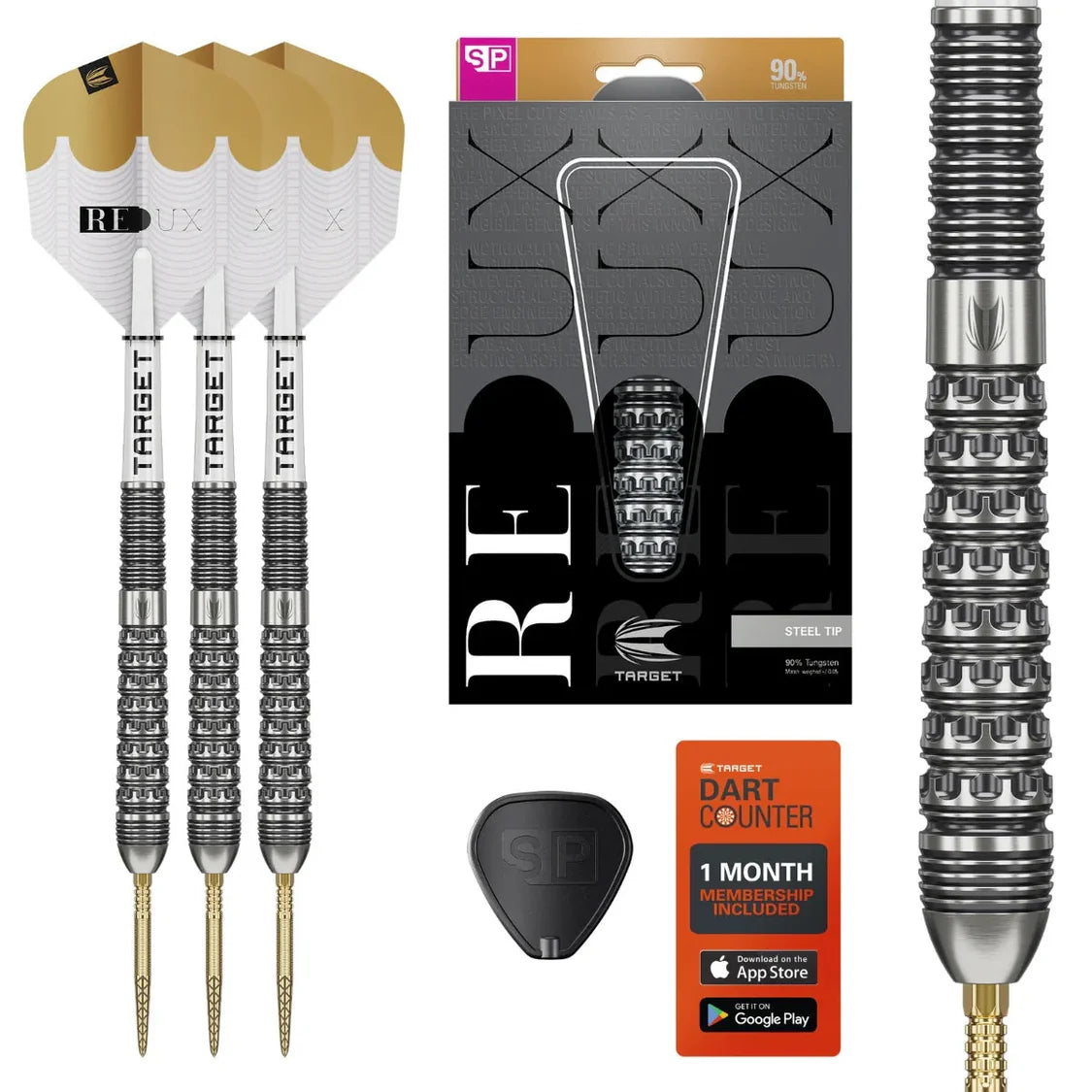 Steel tip 90% tungsten darts set with detailed grooved barrel grips, full flights, retail packaging, and included dart counter app card