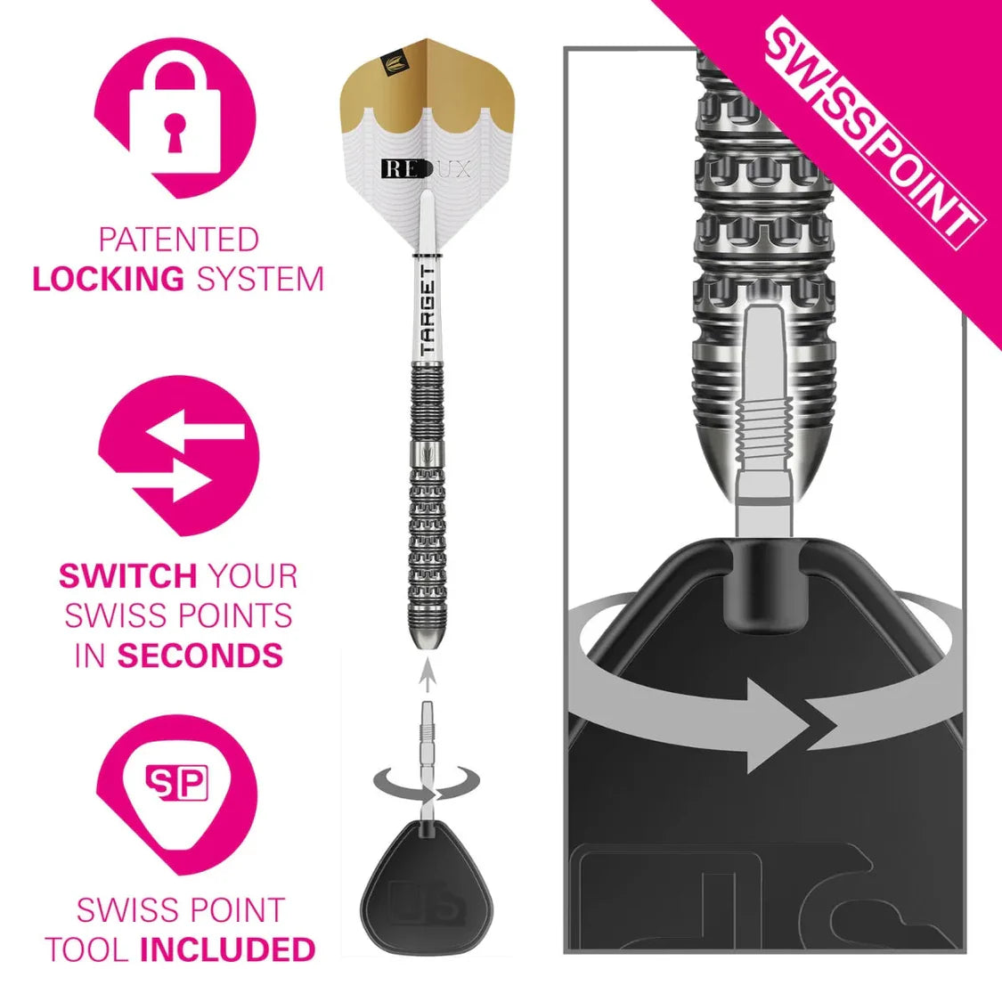 Tungsten dart with detailed Swiss Point locking system, point changing tool, and grip texture, isolated product diagram for dart players