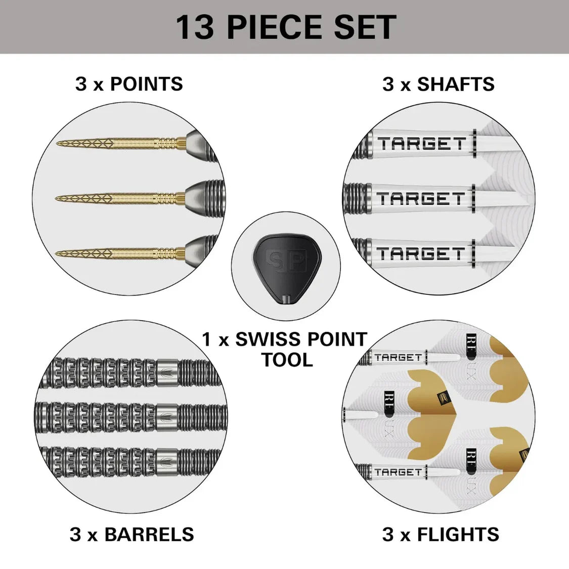 Full set layout of tungsten darts with close-up detail on barrels, gold points, white shafts, flights, and Swiss point tool, all components isolated.