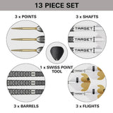 Full set layout of tungsten darts with close-up detail on barrels, gold points, white shafts, flights, and Swiss point tool, all components isolated.