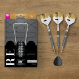 Top-down display of 90% tungsten steel tip darts set with three darts, case, and packaging on wood surface
