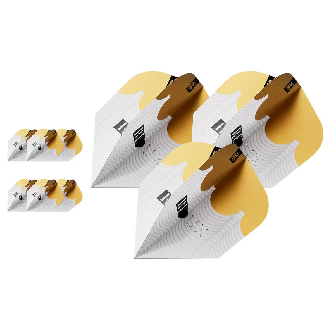 Redux Pro Ultra No.6 dart flights in three sets, isolated on white, angled view showing gold and white pattern design