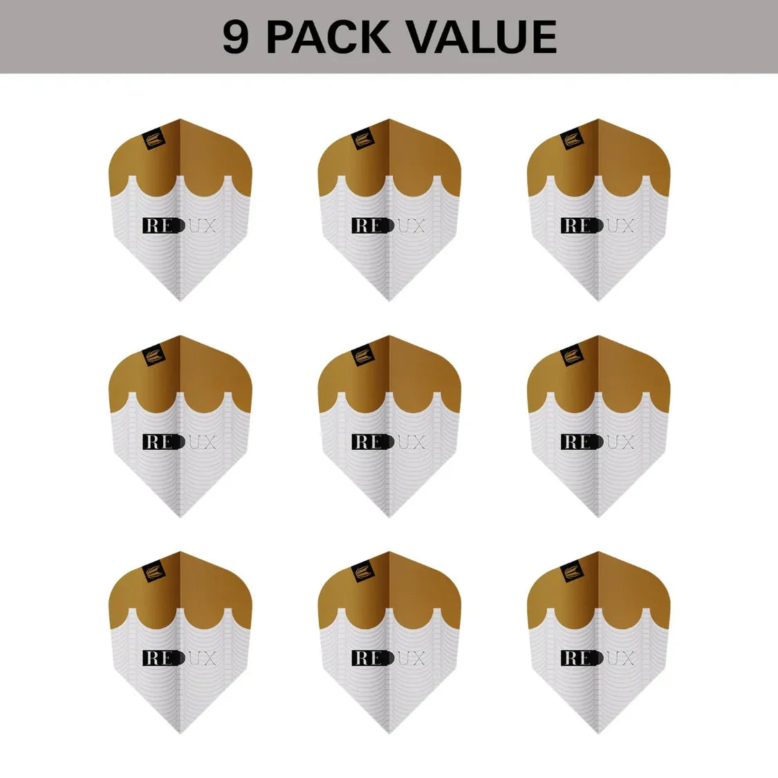 Nine Redux Pro Ultra No.6 dart flights displayed top-down, gold and white pattern, grid layout, perfect for dart accessories buyers