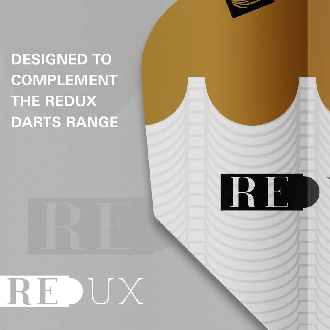 Close-up of Redux Pro Ultra No.6 dart flight highlighting gold and white design pattern and branding text, ideal for darts setup