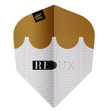 Redux Pro Ultra No.6 dart flight full view, gold and white design with modern text, isolated on white background