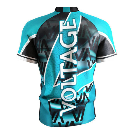 Back view of Rob Cross 2025 darts shirt in teal and black with VOLTAGE text and geometric design, isolated on white