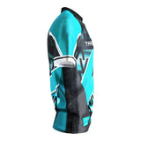 Side view darts shirt with turquoise, black, and white design, short sleeve, isolated on white background, showcasing fit and pattern