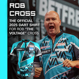 Official Rob Cross 2025 darts shirt shown worn in play and isolated front view, featuring vibrant blue design and sponsor logos