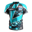 Front view darts shirt with teal, black, and white pattern, sponsor logos, zip collar, isolated on white background