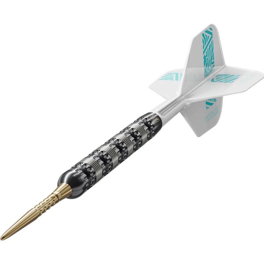 Angled view of Rob Cross tungsten dart with black detailed grip, gold point, and turquoise geometric flights on white background