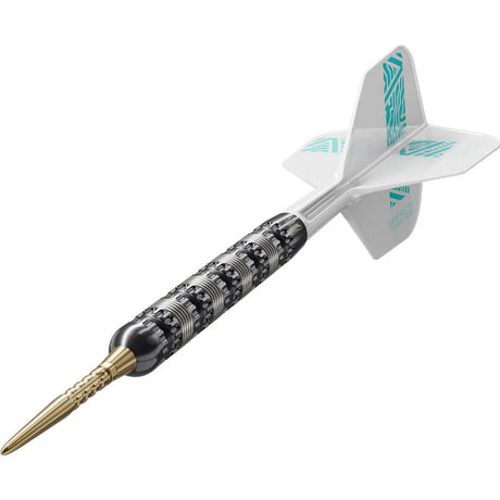 Angled view of Rob Cross tungsten dart with black detailed grip, gold point, and turquoise geometric flights on white background