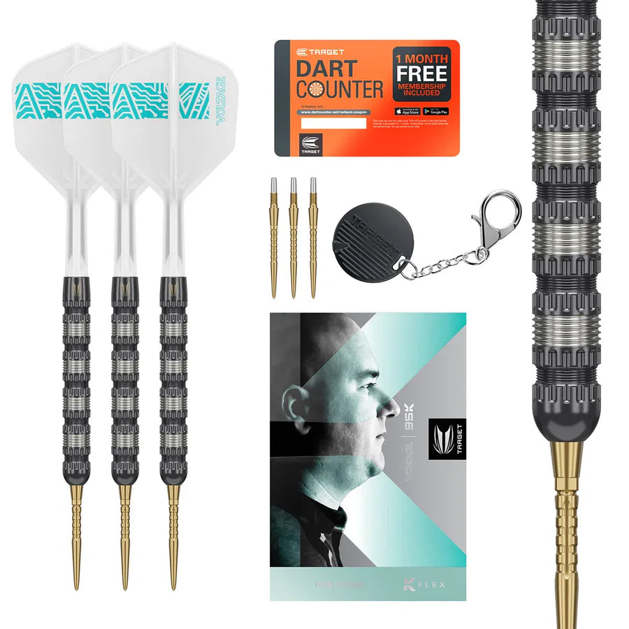 Rob Cross 95% tungsten darts set with three assembled darts, close-up of grooved barrel, extra tips, keychain, and accessories on white background