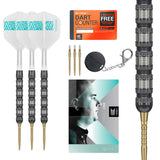 Rob Cross 95% tungsten darts set with three assembled darts, close-up of grooved barrel, extra tips, keychain, and accessories on white background