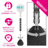 Full dart with close-up of Swiss Point tip and tool, demonstrating quick-change locking system for steel tip dart players