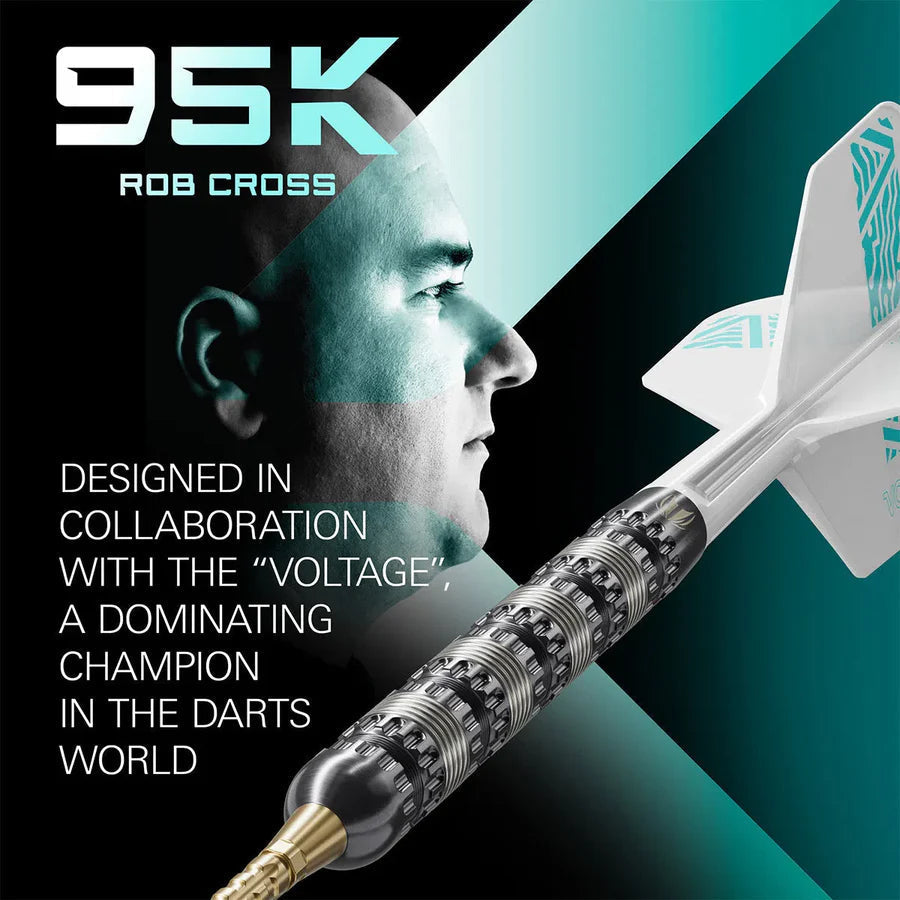 Close-up angled shot of 95% tungsten dart highlighting precision grip barrel and unique flight, displayed with promotional text and profile graphic