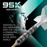 Close-up angled shot of 95% tungsten dart highlighting precision grip barrel and unique flight, displayed with promotional text and profile graphic
