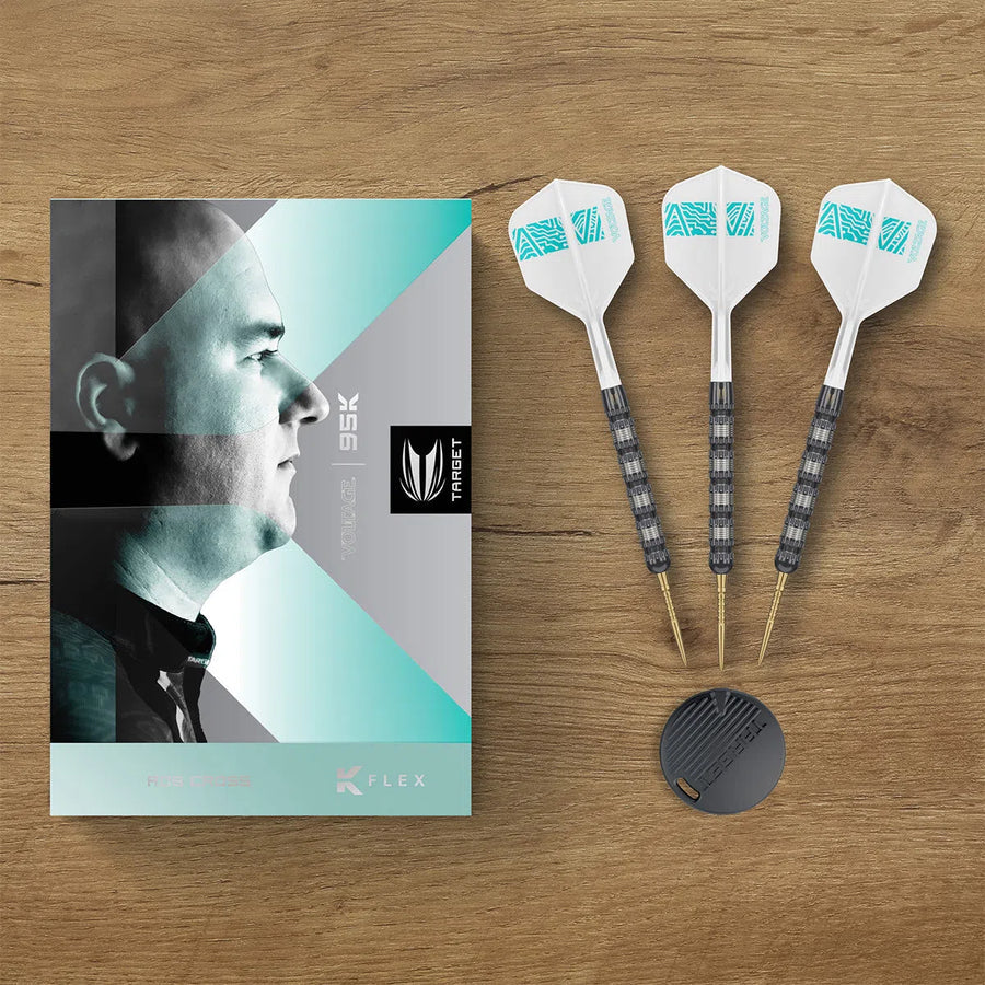 Top-down view of Rob Cross 95% tungsten darts, retail box, and flight protector accessory on wood background