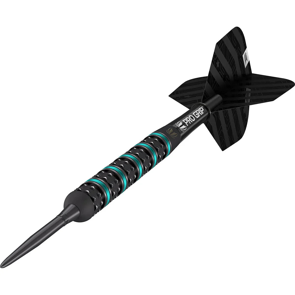 Angled view of single tungsten dart with black grip barrel, teal rings, pro grip shaft, and black flight on white background