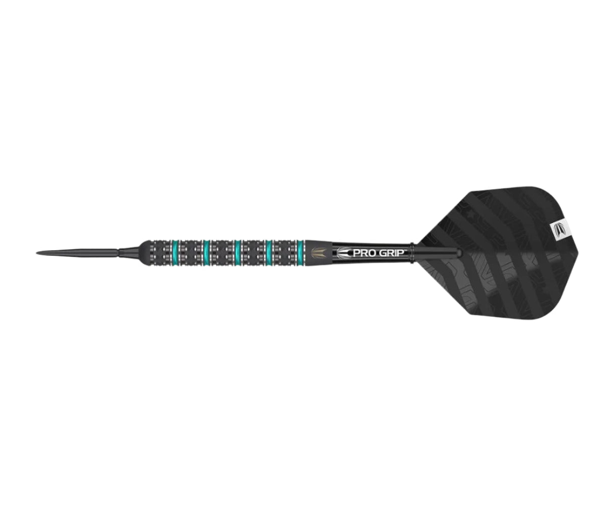 Tungsten dart full side view isolated on white, featuring knurled grip, black shaft, pro grip stem, and patterned black flight.