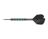 Tungsten dart full side view isolated on white, featuring knurled grip, black shaft, pro grip stem, and patterned black flight.