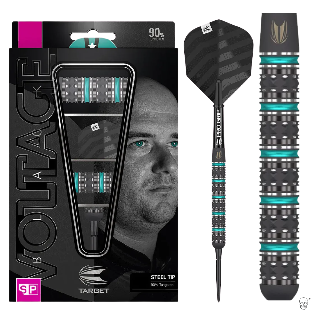 Steel tip 90% tungsten darts in retail box with close-up on black barrel grip rings and turquoise accents, full dart and packaging shown