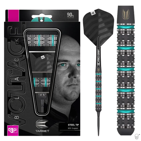 Steel tip 90% tungsten darts in retail box with close-up on black barrel grip rings and turquoise accents, full dart and packaging shown