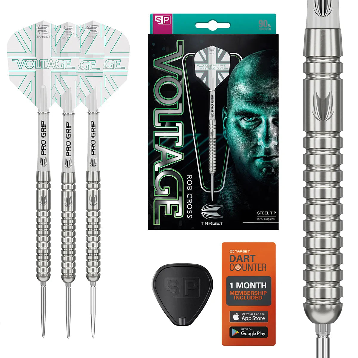 Full set of 90% tungsten steel tip darts with Pro Grip shafts, retail packaging, close-up of ringed barrel, and included dart accessories