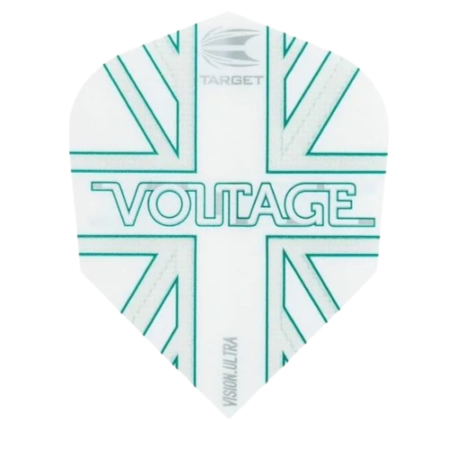 Close-up of single Rob Cross G1 Vision Ultra No.6 dart flight with green Union Jack and Voltage text, isolated on white background