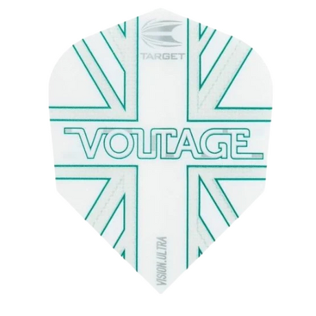 Close-up of single Rob Cross G1 Vision Ultra No.6 dart flight with green Union Jack and Voltage text, isolated on white background