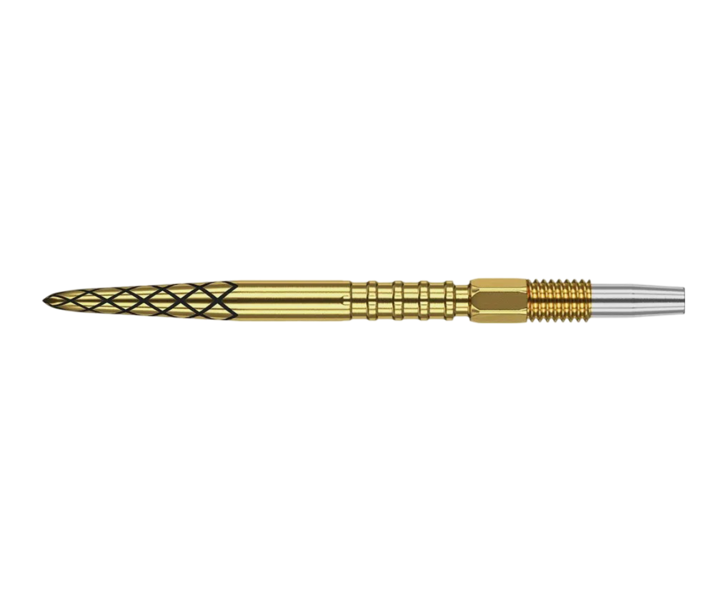 Gold tungsten dart barrel with diamond grip pattern and machined rings, full profile isolated on white background