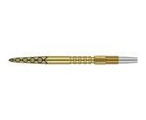 Gold tungsten dart barrel with diamond grip pattern and machined rings, full profile isolated on white background