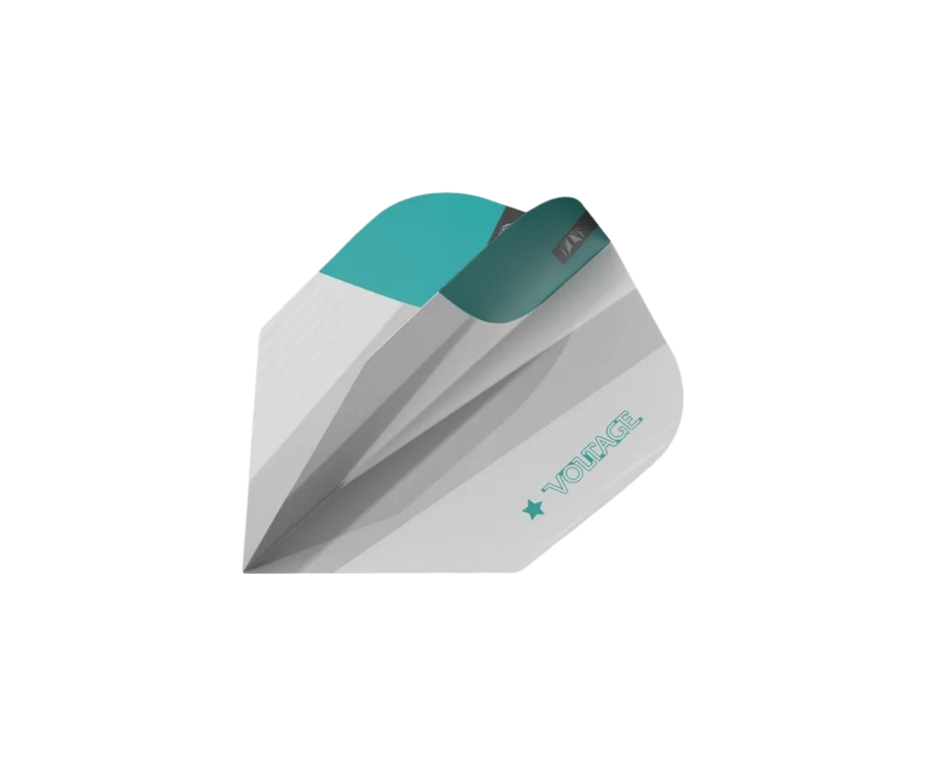 Close-up angled single dart flight with turquoise and silver design, 'VOLTAGE' text, isolated on white background