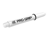 Close-up angled view of white Pro Grip dart shaft with threading and black ring, isolated on white for tungsten darts