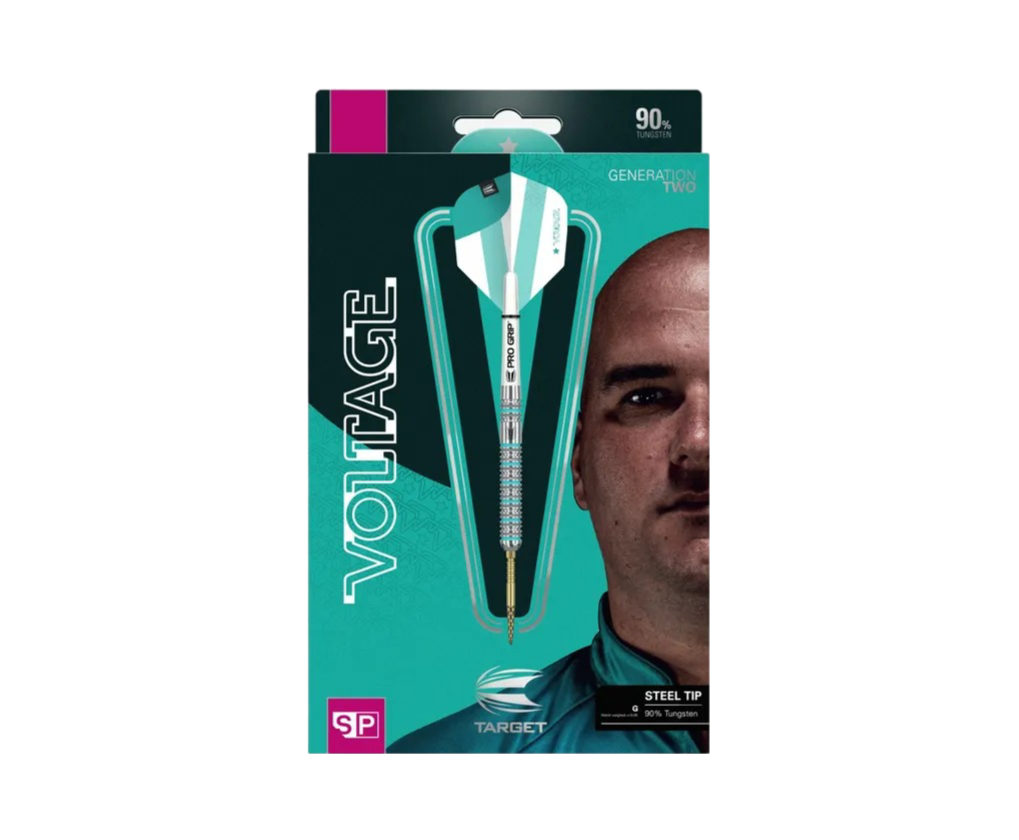 Steel tip tungsten dart in retail packaging, front view showing detailed barrel grip, teal flights, and steel tip, ideal for darts buyers